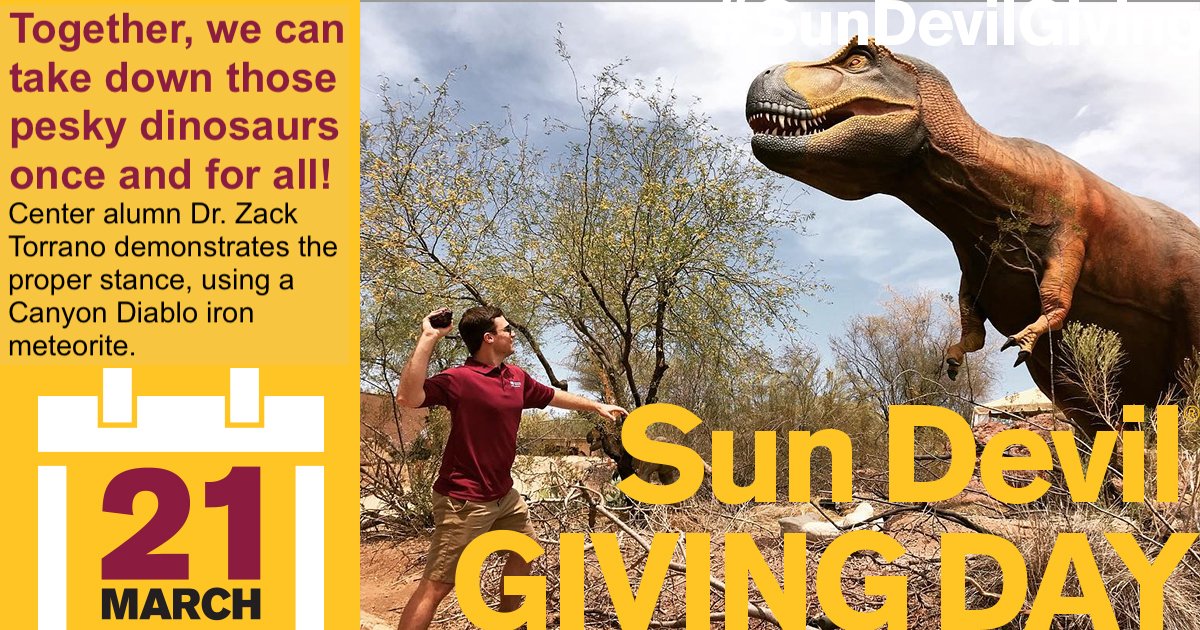ASU Meteorites (@asumeteorites) on Twitter photo Take that, T-Rex!🦖☄️
bit.ly/3mNLAav
#DownWithDinosaurs #TakeThatDinosaurs #SunDevilGiving #dinosaurs <a href="/SESEASU/">School of Earth and Space Exploration</a> <a href="/asufoundation/">ASU Foundation</a> #SupportStudentSuccess #spacerocks #SunDevilNation #ASU #meteorites #SupportScience #WeLoveOurAlumni Take that, T-Rex!🦖☄️
bit.ly/3mNLAav
#DownWithDinosaurs #TakeThatDinosaurs #SunDevilGiving #dinosaurs <a href="/SESEASU/">School of Earth and Space Exploration</a> <a href="/asufoundation/">ASU Foundation</a> #SupportStudentSuccess #spacerocks #SunDevilNation #ASU #meteorites #SupportScience #WeLoveOurAlumni