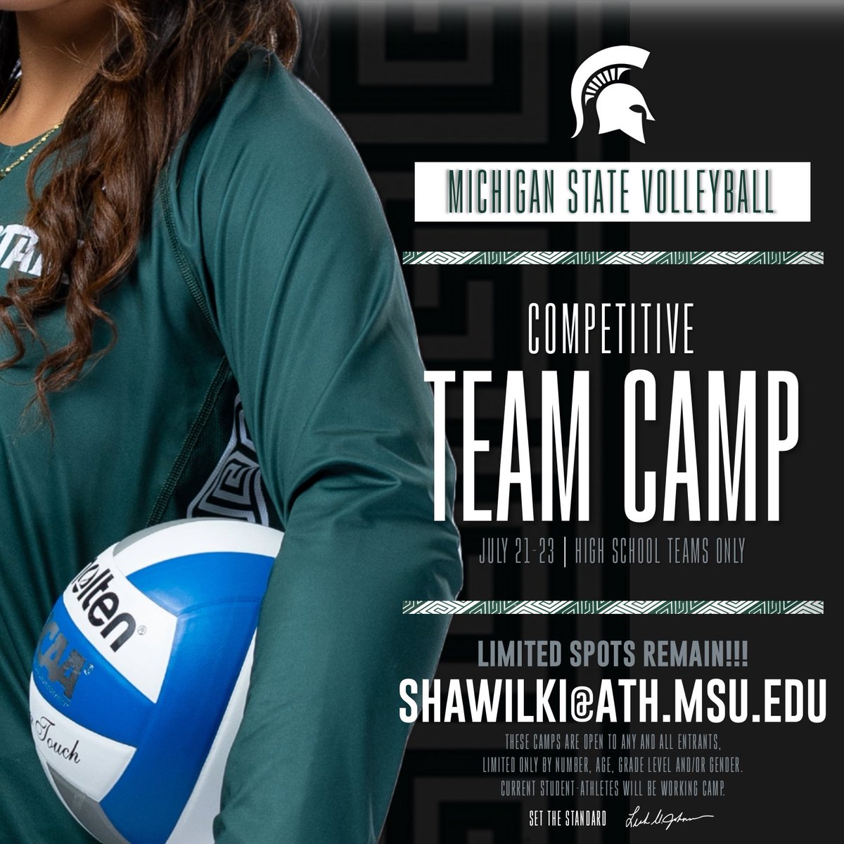 🚨 LIMITED SPOTS REMAIN 🚨 - High School Teams only - Coaches must email Shane Wilkinson at shawilki@ath.msu.edu first to save a spot for your team Join us for our competitive team camp this summer! #GoGreen | #SetTheStandard