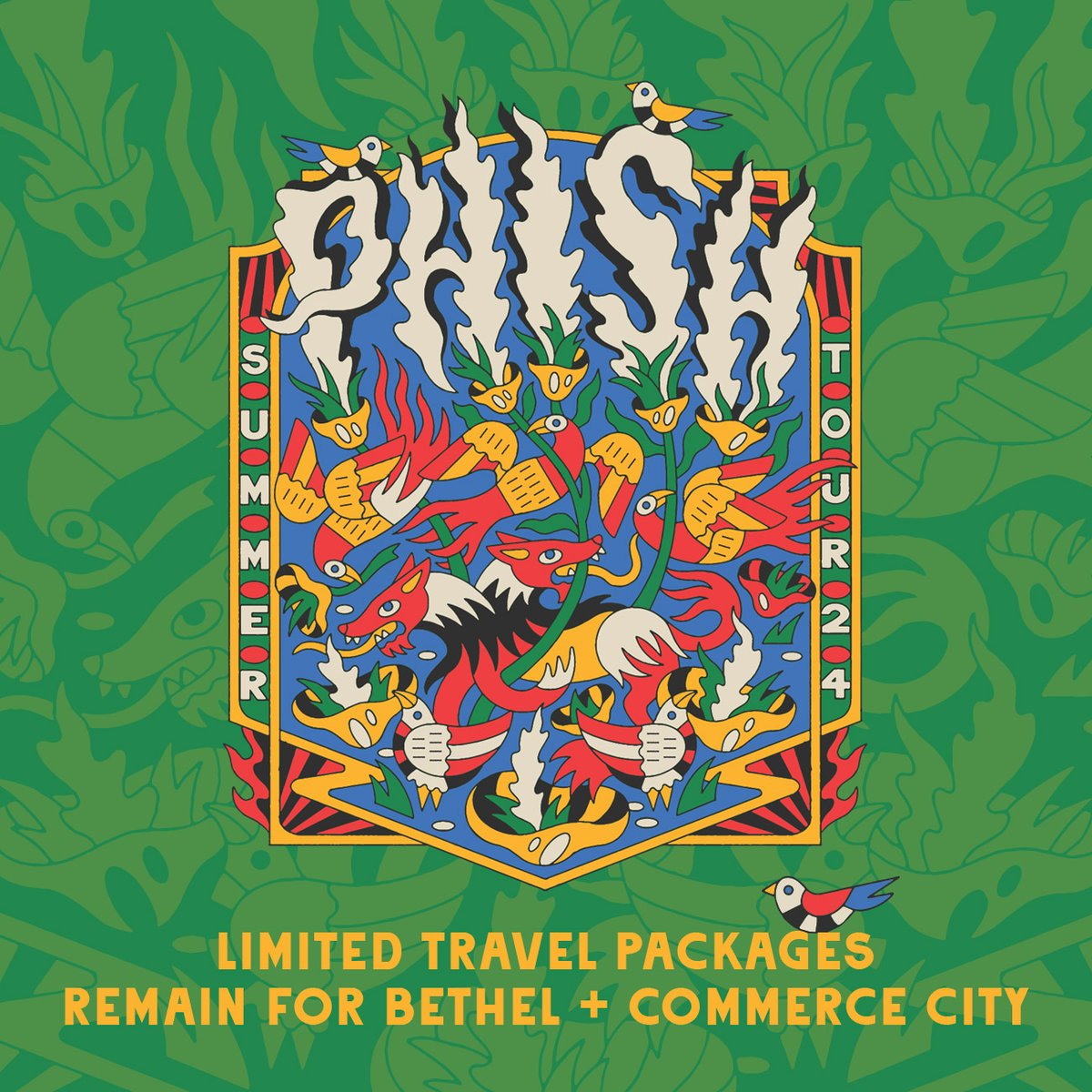 Limited Travel Packages remain for Phish's Summer stops in Bethel + Commerce City. Packages include hotel, tickets, roundtrip transportation between the hotel and venue, and an exclusive commemorative keepsake. Grab yours at: bit.ly/48xQVF4