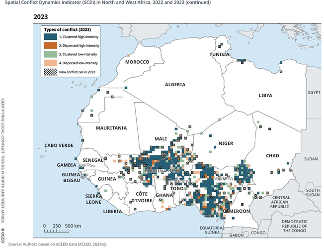 The diffusion of violence from the Sahel to the Gulf of Guinea follows national boundaries according to this new @SWAC_OECD paper using @ACLEDINFO data. Border regions represented more than half of conflict regions in 2023 shorturl.at/bekmV