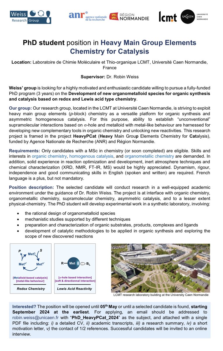Robin Weiss (@robinweiss_chem) on Twitter photo 📣 Are you looking for a fully funded 3-year PhD position in Organic Chemistry / Main group elements chemistry 🧪🧑🔬 ? A position is available at <a href="/Universite_Caen/">Université de Caen Normandie</a> (France 🇫🇷), starting October 2024. Details are below.
Retweets appreciated ! 📣 Are you looking for a fully funded 3-year PhD position in Organic Chemistry / Main group elements chemistry 🧪🧑🔬 ? A position is available at <a href="/Universite_Caen/">Université de Caen Normandie</a> (France 🇫🇷), starting October 2024. Details are below.
Retweets appreciated !