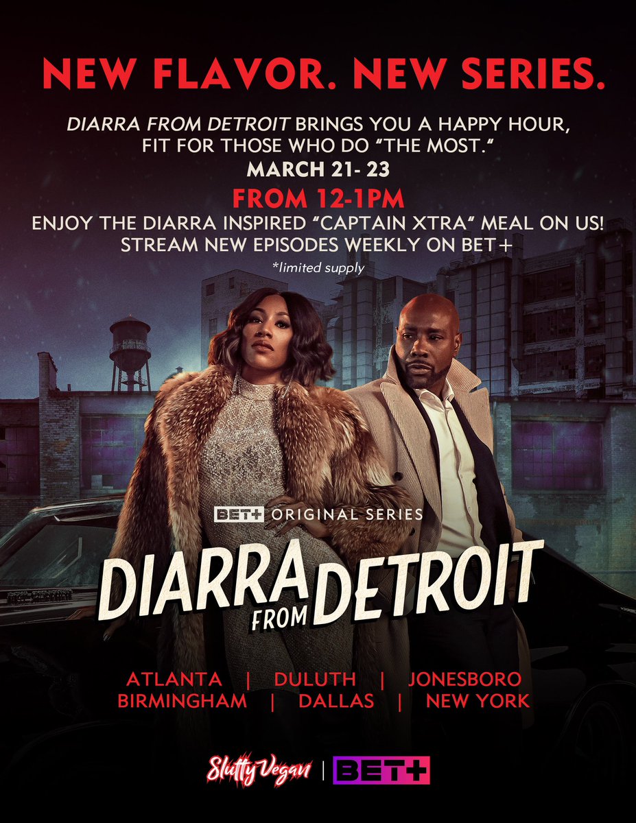 FREE SLUTTY VEGAN SOUNDS TOO GOOD TO BE TRUE‼️👀😱 YEP! It’s true! Come to any Slutty Vegan location for a special edition “CAPTAIN XTRA” meal for FREE to celebrate the @diarrafromdetroitofficial premiere‼️🍔🌱🎉🤗 *while supplies last* #SluttyVeganAtl #DiarraFromDetroit
