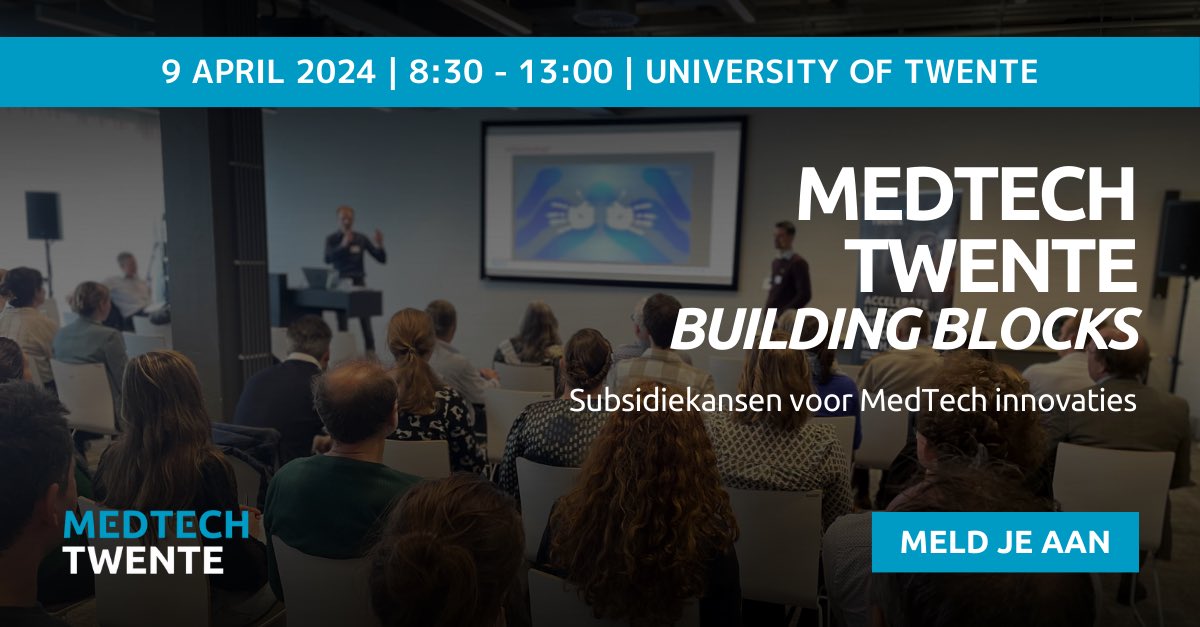Sign up for 𝗠𝗲𝗱𝗧𝗲𝗰𝗵 𝗧𝘄𝗲𝗻𝘁𝗲 | 𝗯𝘂𝗶𝗹𝗱𝗶𝗻𝗴 𝗯𝗹𝗼𝗰𝗸𝘀 #𝟮: grant opportunities for MedTech innovations on April 9 from 8:30 a.m. to 1 p.m.). View the program and register:
medtechtwente.nl/nl/events/subs…