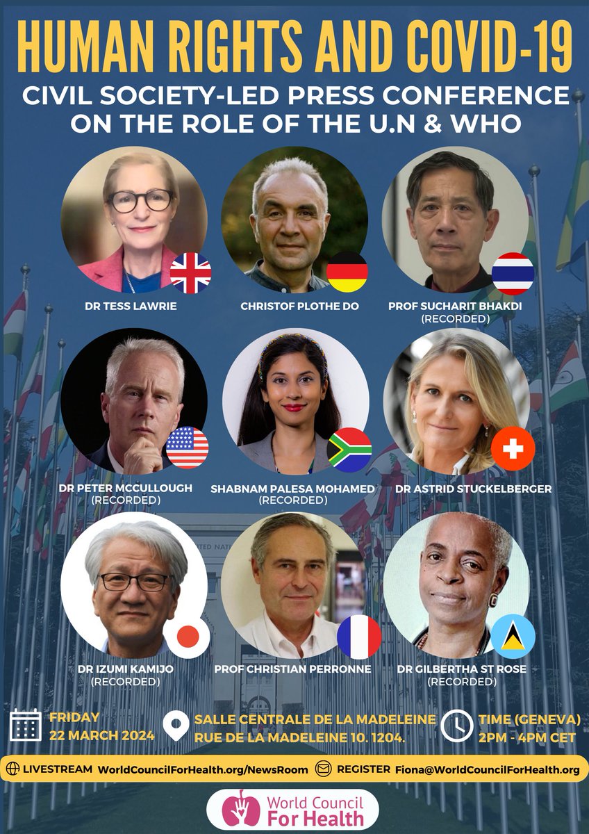 FreeWCH's tweet image. Historic press conference happening tomorrow in Geneva on Covid-19 and human rights! 

Attend in person or watch live on our website.

@lawrie_dr @ShabnamPalesaMo @P_McCulloughMD @Stuckelberger