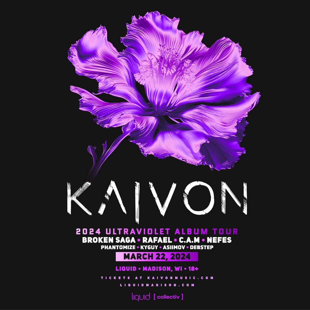 We’re in for a very special night with KAIVON in Madison this Friday 💜🌈 Tickets are Running LOW so get yours now before it's too late! 🎟️ liquidevents.link/kaivon ⏰ Doors 9pm 🤩 Kaivon : Broken Saga : Rafael : Creating.A.Movement : NEFES : Phantomize : Asiimov : KyGuy : Debstep