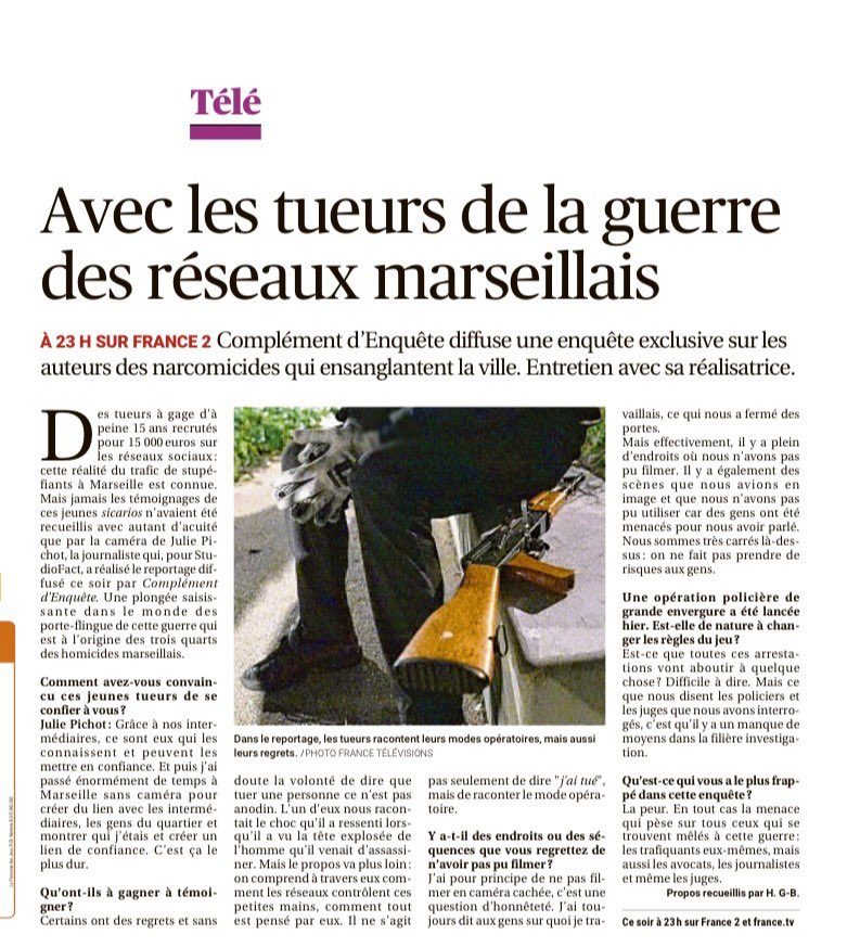 📰 « Marseille : encore mineurs, déjà tueurs ». La presse salue notre @Cdenquete réalisé par Julie Pichot, Diffusé ce soir à 23h sur France 2 et @FranceTV . tvmag.lefigaro.fr/programme-tv/a… 20minutes.fr/arts-stars/tel…