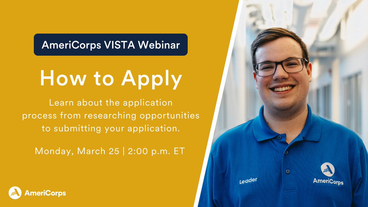Made the decision to serve in #AmeriCorpsVISTA? Take the next step and apply! Join our application workshop on Monday, March 25, for a detailed overview of the process from researching opportunities to submitting your application. Register today! bit.ly/ApplicationWor…