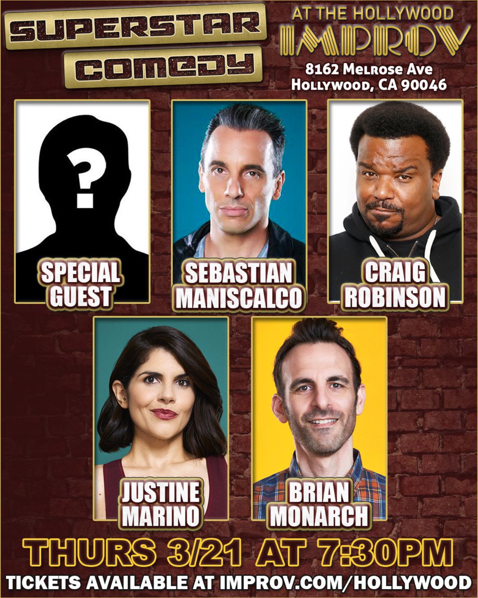 Big show tonight at 7:30 in The Main Room with @SebastianComedy @MrCraigRobinson @JustineMachine @brianmonarch + A Special Guest! Limited tickets left at improv.com/hollywood #hollywoodimprov #comedy