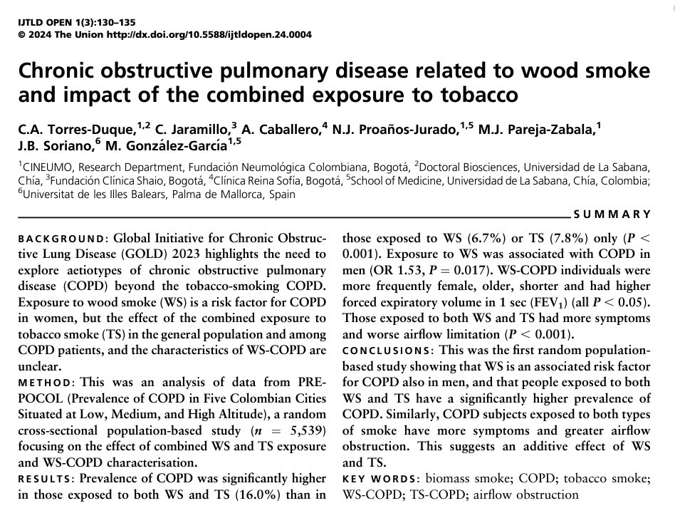 Estudio poblacional en Colombia que muestra que la exposición al humo de la leña es factor de riesgo para EPOC, tanto en hombres como en mujeres y que en los expuestos también a tabaquismo, hay más EPOC, síntomas respiratorios y mayor obstrucción. theunion.us9.list-manage.com/track/click?u=…