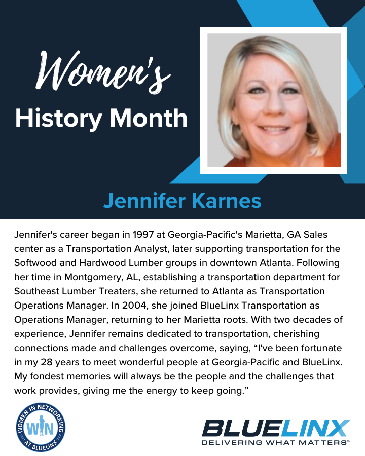 As we celebrate #WomensHistoryMonth by recognizing the remarkable women within our organization, we're delighted to shine a spotlight on Jennifer Karnes and extend our heartfelt gratitude for her invaluable contributions to our team. Discover her journey at BlueLinx below.