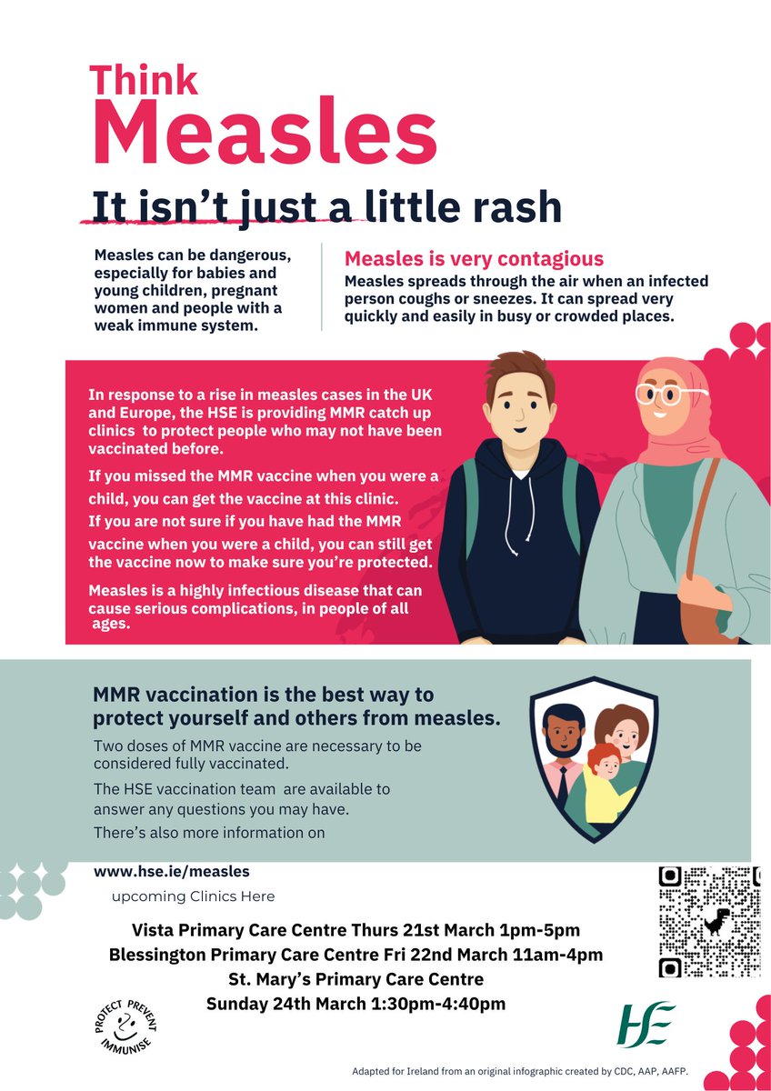 The #MMR vaccine is free, safe, effective, and offers the best protection against serious illness.
See the HSE website for more information about the signs and symptoms, treatment and risks of #measles hse.ie/measles