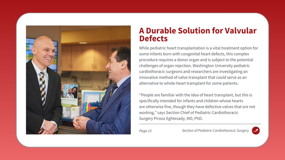 WashU pediatric cardiothoracic surgeons are investigating an innovative method of valve transplantation that could serve as an alternative to whole-heart transplants for some patients. Learn more in the 2023 Department of Surgery Annual Report: bit.ly/3wwup1X
