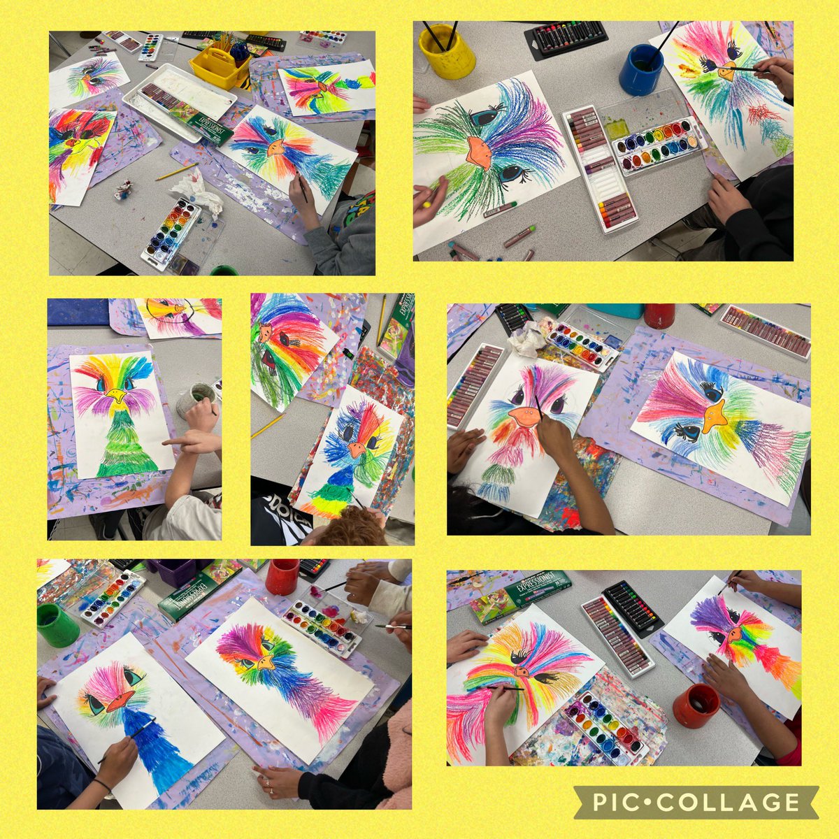 Using the color wheel as inspiration and learning about intermediate colors, 5th grade artists are creating kooky & colorful emus using oil pastels and watercolor paint 😍🌈🎨 @CMSmtolive @NicoleMusarra @ashleylopez210