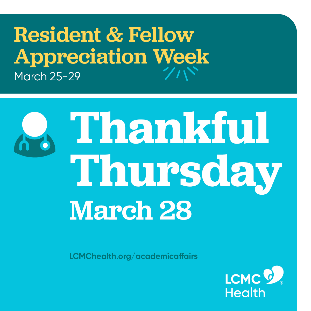 It’s Thankful Thursday! We are immensely grateful for our @LCMCHealth resident physicians & fellow physicians. We have many different activities happening today. Residents & Fellows, please check your school email for celebration details at the facility of your current rotation.