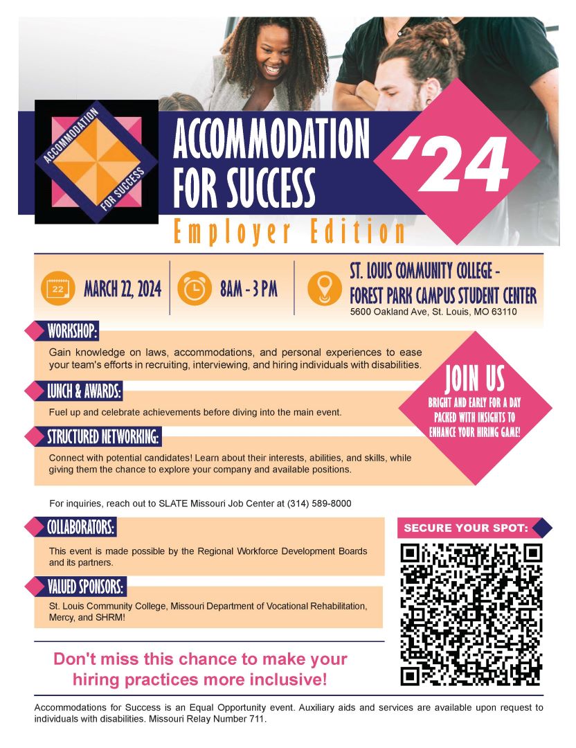 Seize incredible opportunities at Accommodation for Success TOMORROW! Presented by @SLATE_MCC in collaboration with local partners, the event is on 3/22/2024, 8 am-3 pm (employers); and 1-3 pm (job seekers) at St. Louis Community College - Forest Park Campus Student Center.