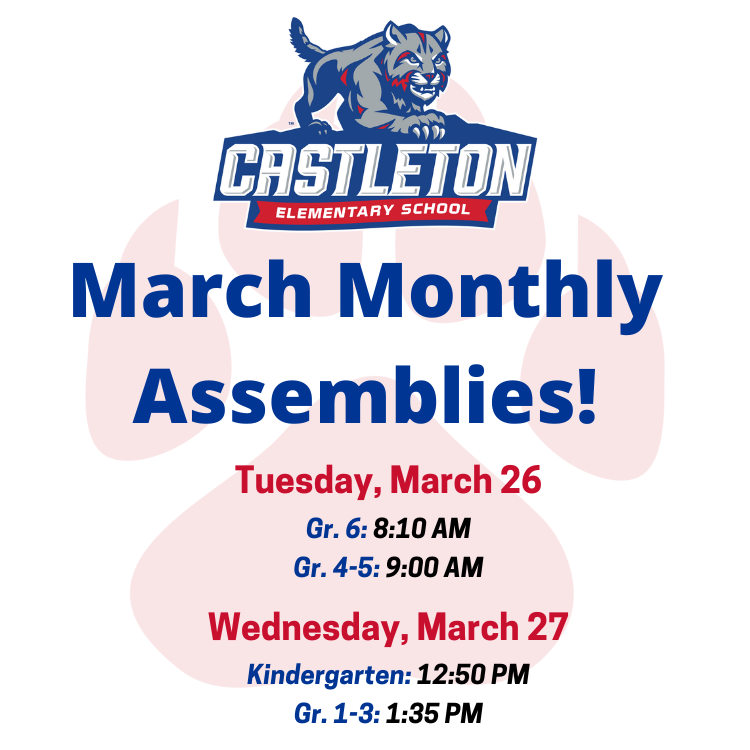 Next CES Monthly Assemblies are on March 26-27! School families are welcome, just arrive @ the Main Office before heading to the assemblies. 📅March 26 ~G. 6: 8:10 AM-8:55 AM ~Gr. 4-5: 9:00 AM-9:50 AM 📅March 27 ~Kindergarten: 12:50 PM-1:30 PM ~Gr. 1-3: 1:35 PM-2:15 PM