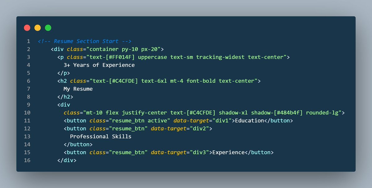 codewithmujtabo's tweet image. Day 5/15 of 💥
Today was a true coding marathon! 🏃♂️💻
I wrapped up the resume section of my new portfolio with HTML, TailwindCSS, and JavaScript. Below is a sneak peek at the code - let the results speak for themselves! Enjoy the walkthrough 👇