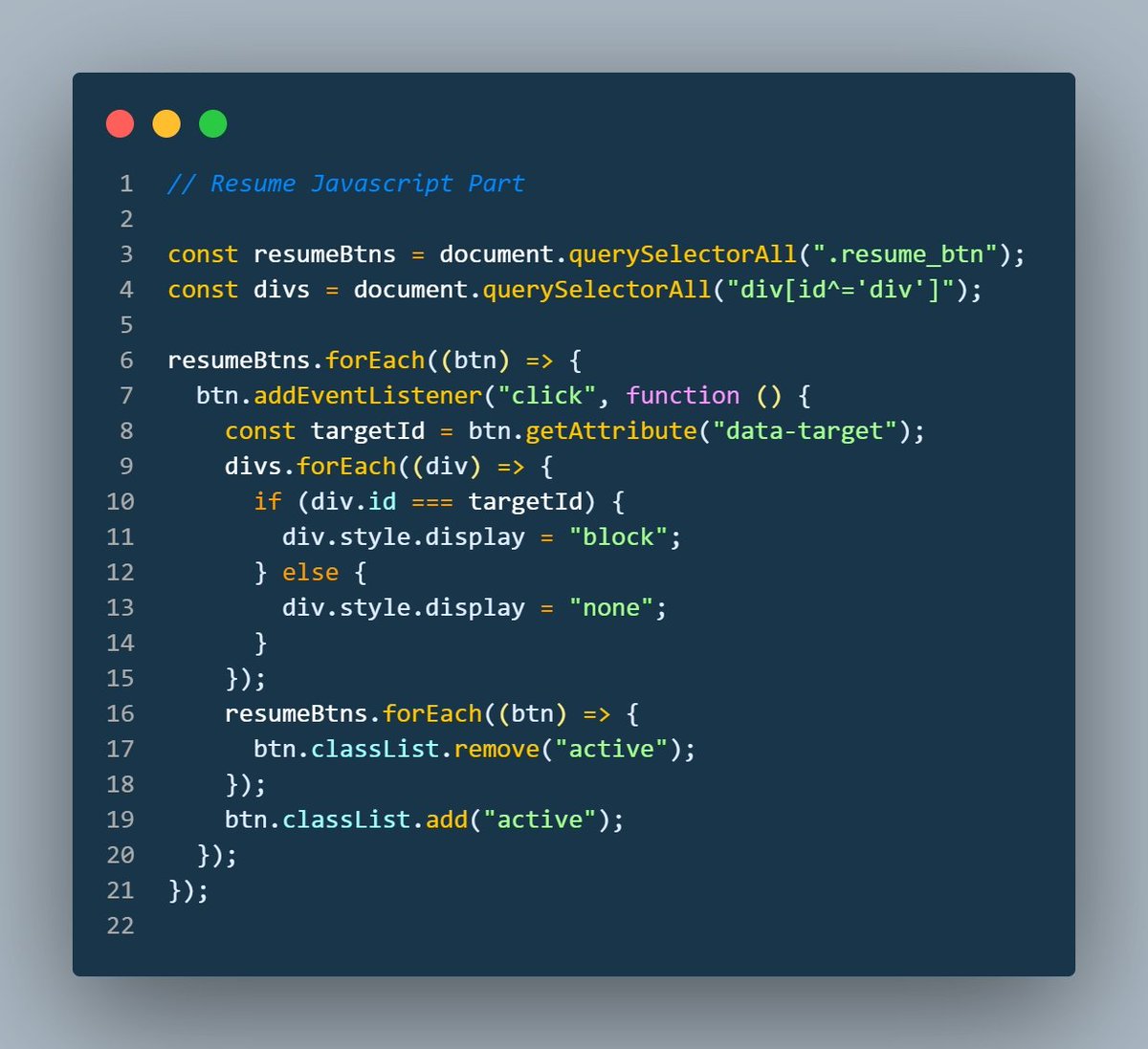 codewithmujtabo's tweet image. Day 5/15 of 💥
Today was a true coding marathon! 🏃♂️💻
I wrapped up the resume section of my new portfolio with HTML, TailwindCSS, and JavaScript. Below is a sneak peek at the code - let the results speak for themselves! Enjoy the walkthrough 👇