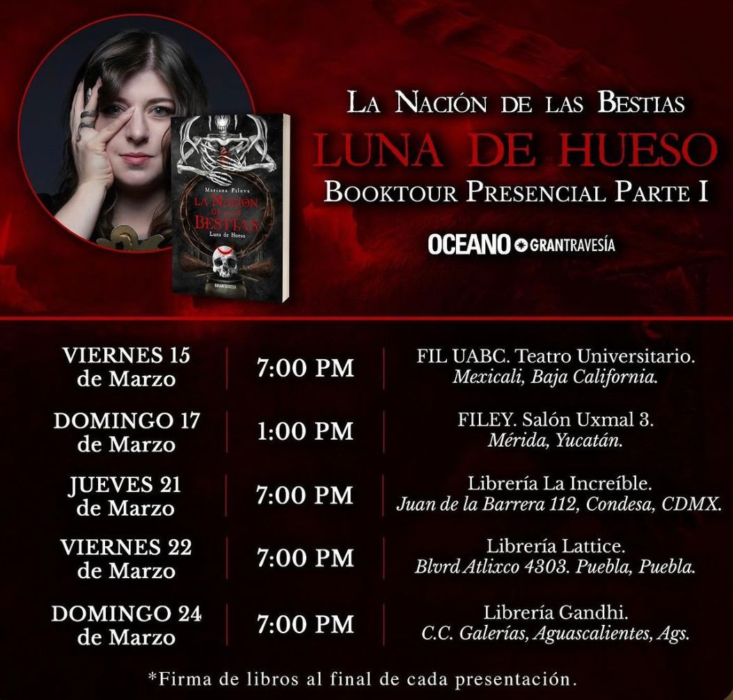 La Nación de las Bestias sigue avanzando 🖤 Mañana viernes 22 nos vemos en ¡Puebla! Te esperamos en <a href="/LatticeLibreria/">LatticeBookstore</a> en punto de las 7PM ☠️ Y descubre todos los detalles del libro III Luna de Hueso de <a href="/marianapalova/">Mariana Palova 🌙</a> 🌑 ¡No faltes! <a href="/OceanoGTravesia/">Océano Gran Travesía</a>