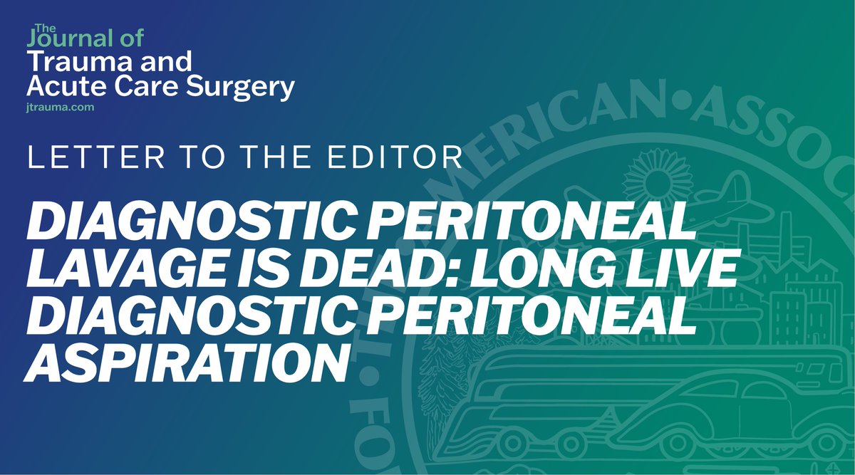 Diagnostic Peritoneal Lavage has become redundant but Diagnostic Peritoneal Aspiration has a role in hemodynamically unstable patients with inconclusive FAST U/S

@argandykov @AbiadMay @RafaqatWardah @MGHSurgery @TraumaMGH @EmanueleLagazzi @eljefe_md

journals.lww.com/jtrauma/fullte…