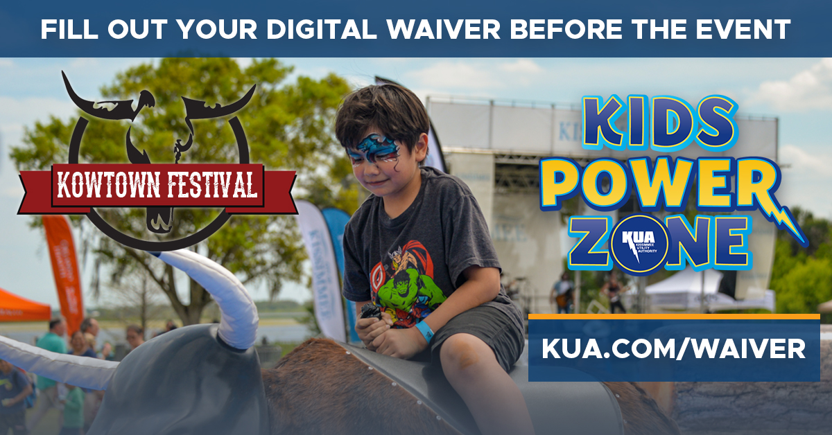 Planning to bring your kids to the Kowtown Festival? Remember that kiddos need an adult chaperone and a signed waiver to play at the KUA Kids Power Zone. To save time, you can sign the waiver in advance at kua.com/waiver and show the confirmation email at the event.