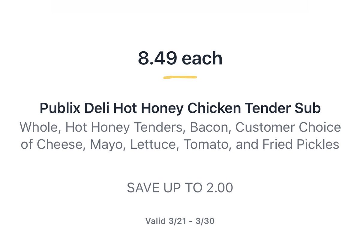 PubSubs_on_sale's tweet image. Yes.

Publix Hot Honey Chicken Tender subs are $8.49 (3/21-3/30).