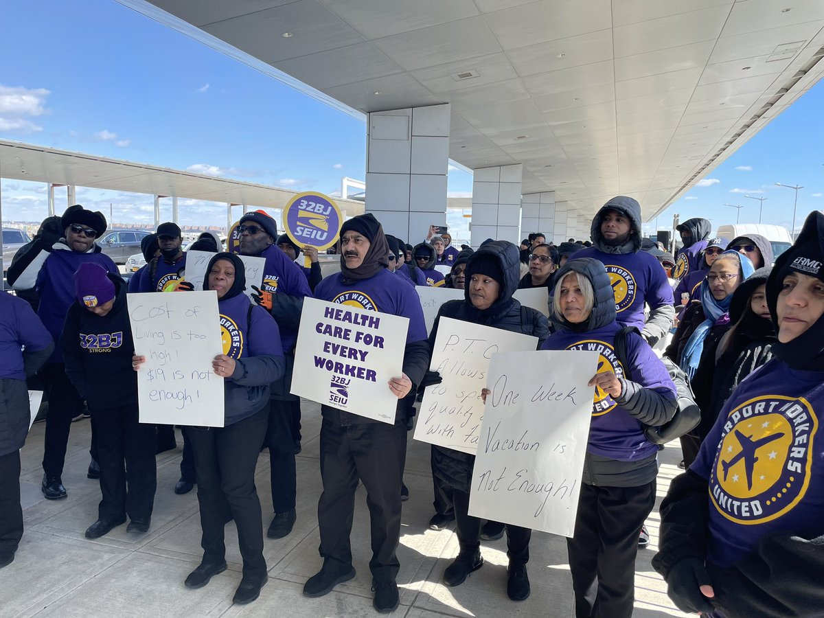 "Today, on March 21st, union leaders, <a href="/32BJSEIU/">32BJ SEIU /// #BuildingJustice 🧹✊🏽</a>  members, and allies join forces to launch a campaign urging the <a href="/JFKairport/">John F. Kennedy Airport</a>, <a href="/LGAairport/">LaGuardia Airport</a>, and <a href="/EWRairport/">Newark Liberty International Airport</a> employers to give paid time off, healthcare, and higher wages for 40,000+ of service workers powering the nation's busiest