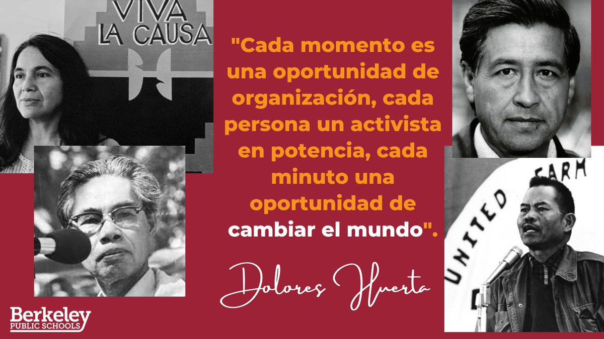 BUSD observa el 21 de marzo al 10 de abril como el Período Conmemorativo de César Chávez, Dolores Huerta, y Larry Itliong-una de las muchas maneras en que celebramos las valiosas historias de los Chicana/o/x, Filipina/o/x, y las comunidades Latina/o/x en nuestras escuelas.