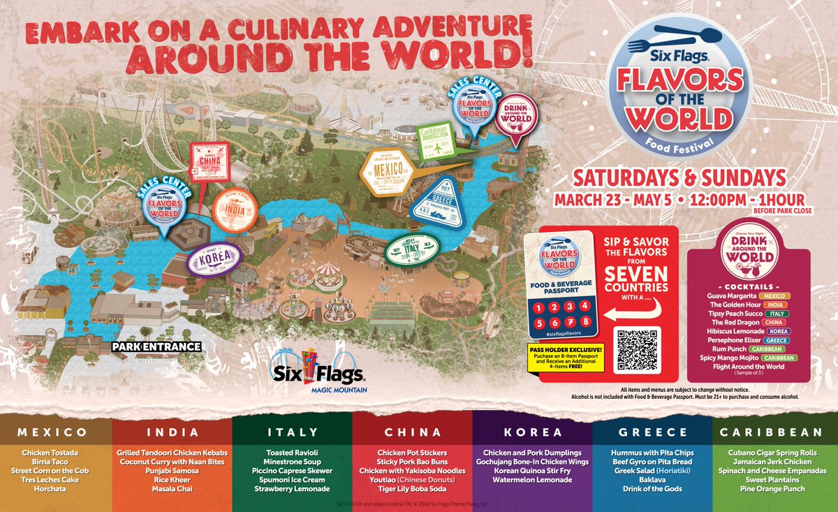 Get ready to take your tastebuds on a thrilling ride around the world starting THIS SATURDAY during our 🌎 Flavors of the World🌎 food festival! #SixFlagsFlavors Upgrade your visit with a Food & Beverage Tasting Pass & sample up to 12 items! bit.ly/3ID8fxL