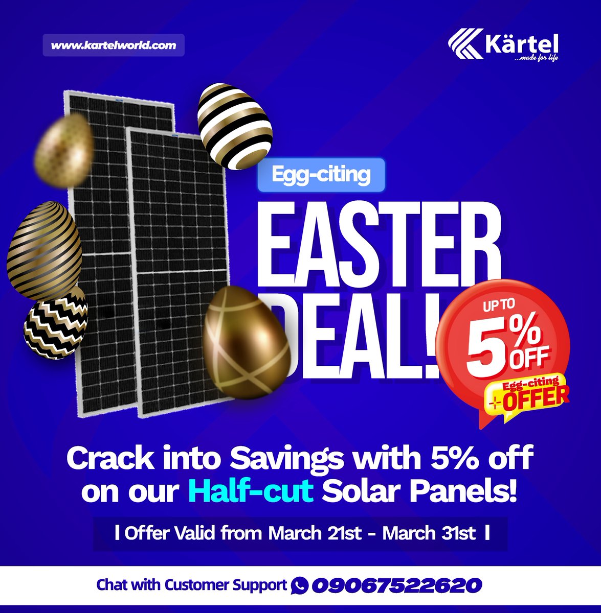 🐣 Egg-citing Easter Deal! 🌞 Get 5% OFF on our high-quality Half-cut solar panels! Offer valid from now till the 31st of March! Don’t miss out on this limited-time offer. Place your orders now!!! #EasterDeal #SolarSavings #RenewableEnergy #EasterSale