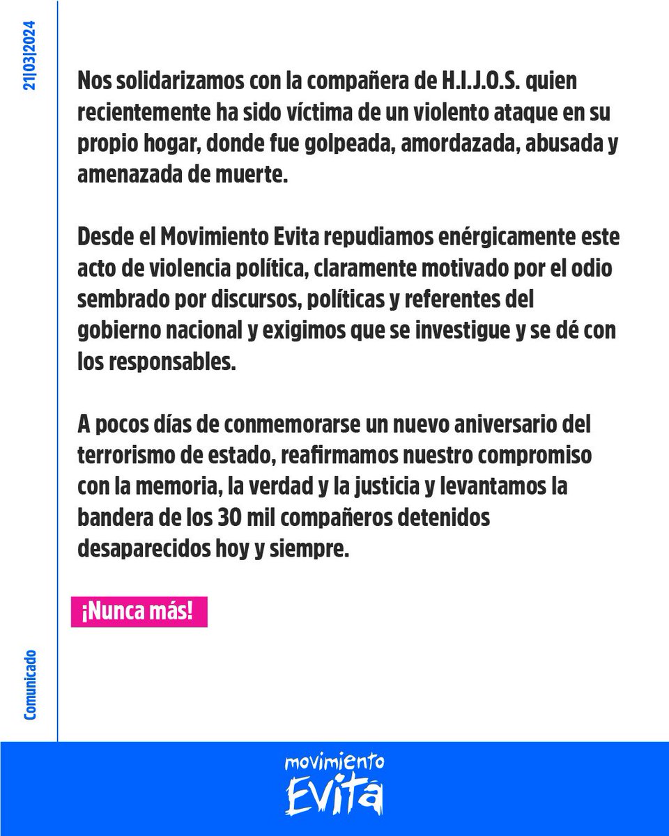 MovimientoEvita's tweet photo. Repudiamos el violento ataque sufrido por la compañera de H.I.J.O.S.

A pocos días de conmemorarse un nuevo aniversario del terrorismo de estado reafirmamos nuestro compromiso con la memoria, la verdad y la justicia https://t.co/IIWTv27zmP