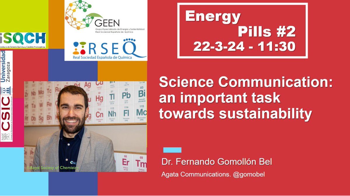 Mañana por la mañana (11.30 CET) participo en la serie de seminarios de @Geen_Rseq @RSEQUIMICA para hablar de la importancia de la #ComunicaCiencia en el camino hacia la sostenibilidad ♻️ Todavía estáis a tiempo de registraros ☺️ @ISQCH @unizar @EuChemS
