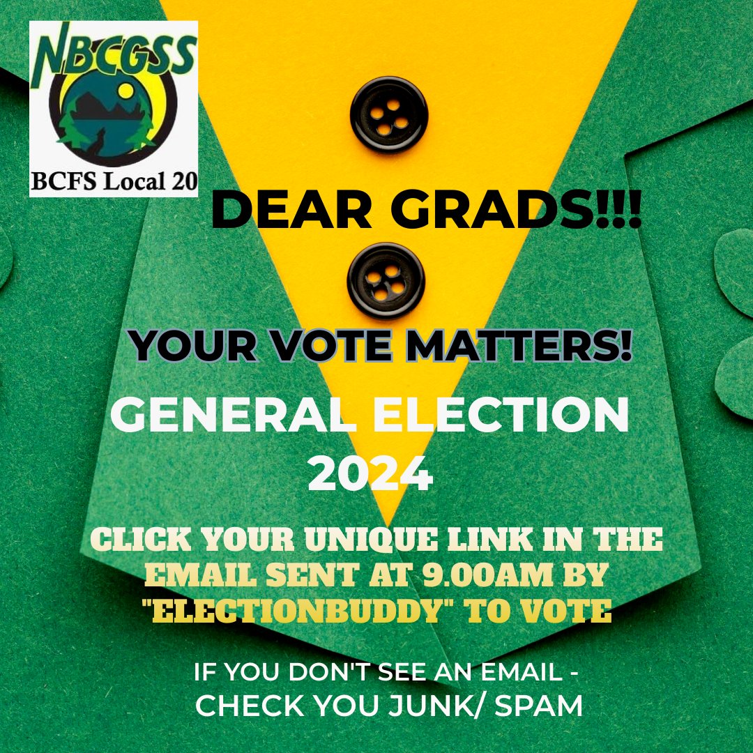 NBCGSS (@nbcgss) on Twitter photo Dear Graduate Students of <a href="/UNBC/">University of Northern British Columbia (UNBC)</a>
Check your UNBC Email for the Unique link sent by ElectionBuddy - Our elections Partner - Vote Now! Every Grads voice matters as we build our team to stand for our Grads!
Stronger Together!!! Dear Graduate Students of <a href="/UNBC/">University of Northern British Columbia (UNBC)</a>
Check your UNBC Email for the Unique link sent by ElectionBuddy - Our elections Partner - Vote Now! Every Grads voice matters as we build our team to stand for our Grads!
Stronger Together!!!