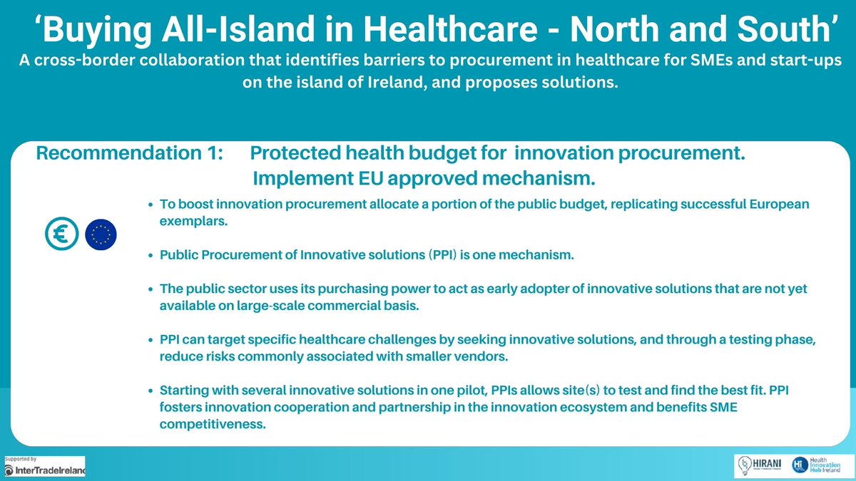 Yesterday we launched the 'Buying all-island in Healthcare - North and South' report. Recommendation 1 in the report's SME support framework focuses on a long successful EU mechanism - Public Procurement of Innovative Solutions (PPI). Full report availble:hih.ie