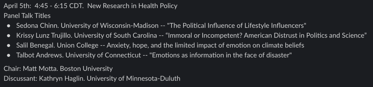 Going to #MPSA2024? Ready to make your schedule? Check out our New Research in Health Policy panel! Featuring @klunztrujillo @SalilBenegal @TalbotMAndrews @OMGBEARSS chaired by @matt_motta with Kathryn Haglin as a discussant. Friday, April 5th at 4:45pm. Paper titles: