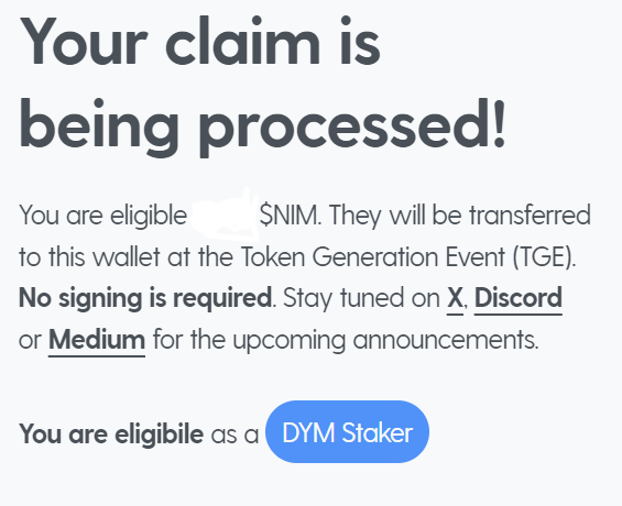 mranewliz's tweet photo. Boğa cüzdanımızın en büyük coini olan #DYM meyvelerini vermeye başladı🥳🥳

Nim Network #DYM stake edenlere $NIM token vereceğini açıkladı!!
Ben de almaya hak kazanmışım😎

Elinizde #DYM varsa aşağıdan ne kadar $NIM kazandığınızı kontrol edebilirsiniz👇👇 https://t.co/O42Wb4MwYh