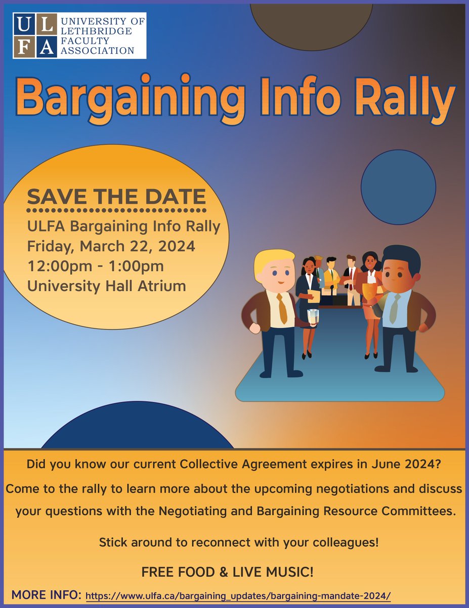 Consider taking 30 minutes from your busy schedules to join us for the ULFA Bargaining Information Rally this coming Friday, March 22nd @ noon in the U Hall Atrium. Please join us and invite two friends to come along too. Students are encouraged to attend - please spread the word