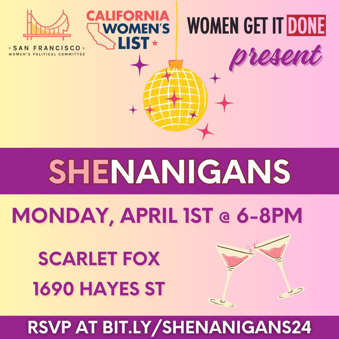 Join @sfwpc, @californiawomenslist, and @womengetitdone at our annual Shenanigans event! Let’s drink some wine, eat some charcuterie, and mingle! 💗🍷✨ bit.ly/shenanigans24