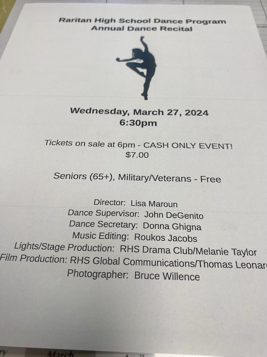 Raritan High School Dance Recital 3/27 at 6:30 pm! Mark your calendars.....