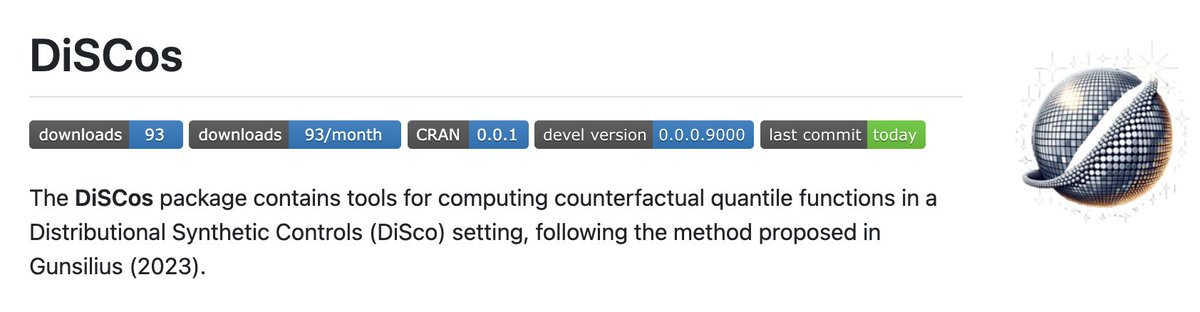 The first version of the Distributional Synthetic Controls (DiSCos) package has just been accepted at CRAN @_R_Foundation! Jointly coded with Florian Gunsilius and Siyun He. cran.r-project.org/web/packages/D… (1/3)