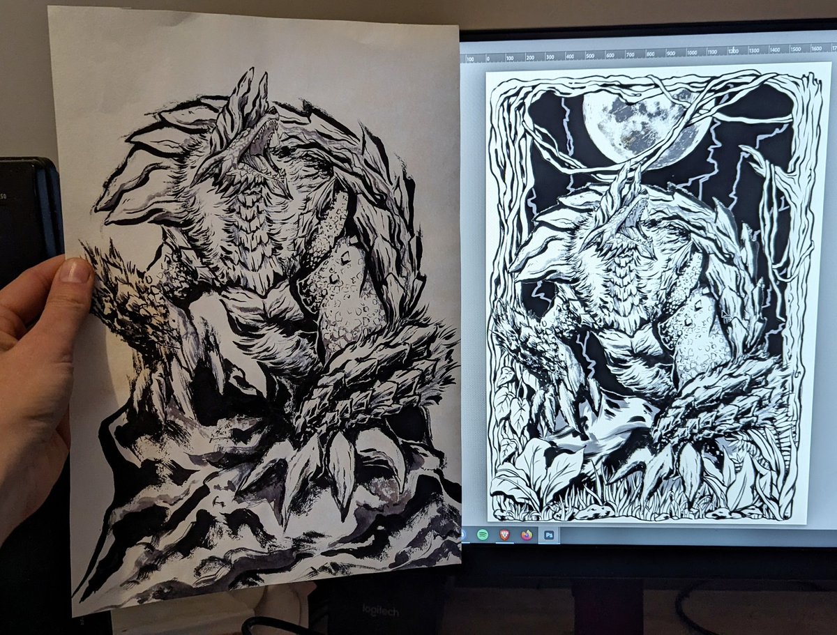 Finally, Zinogre fanart is done! ❤️🐺 ⬅️ ink drawing ➡️ final digital version Tomorrow I engrave it on wood, I can't wait to see the result!