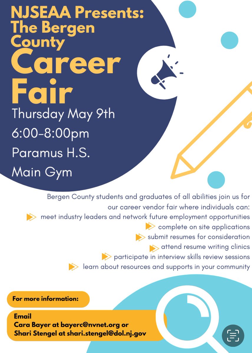 The #NJSEAA Bergen County Career Fair is Thursday, May 9 from 6-8 p.m. at Paramus High School. Save the date!

 #BergenCountyCareerFair