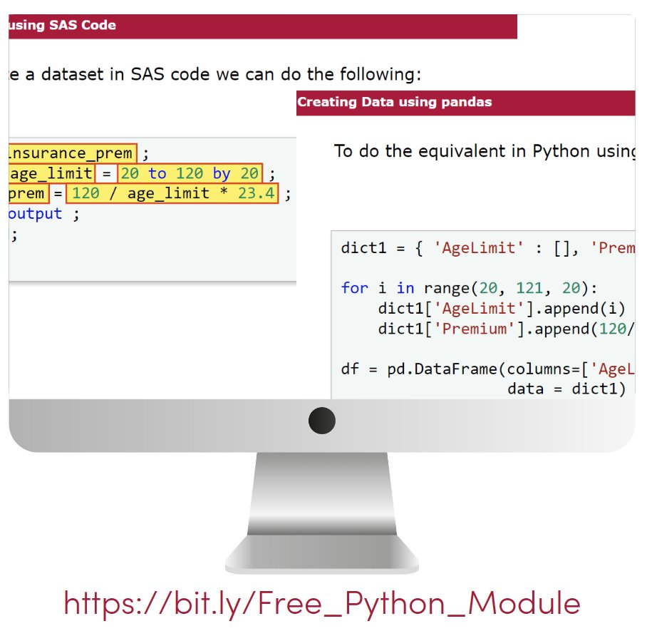 FREE SAS to Python Taster Module
As an experienced SAS professional, Newtyne’ s Python for SAS Programmers is perfect for you.  .
Try the FREE Python – Data Input/Output using pandas DataFrames – a snapshot of the course to see what you can expect. It only takes 10 minutes.

#SAS