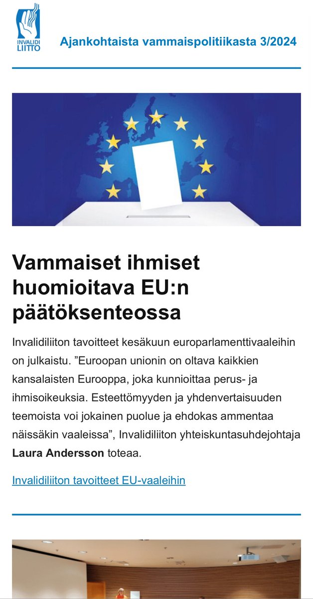 .<a href="/Invalidiliitto/">Invalidiliitto</a>'n #vammaispolitiikka #uutiskirje 3/24 julkaistu: uutiskirje.invalidiliitto.fi/a/s/199391926-…

Aiheina mm. #EUvaalit #esteettömyys #yhdenvertaisuus #osallisuus #kuljetuspalvelut #valmiuslaki #varautuminen 

Tilaa kirje spostiisi➡️ invalidiliitto.fi/invalidiliiton…