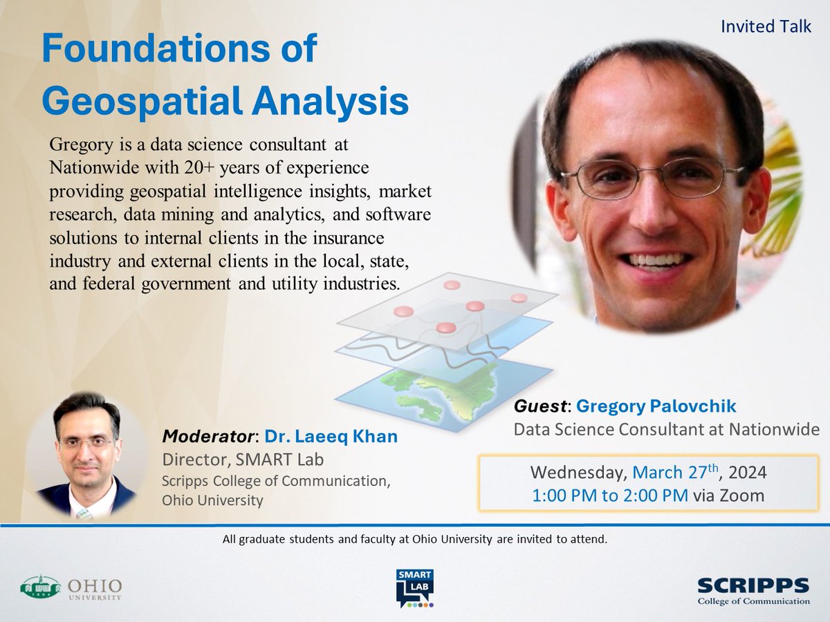 Join our SMART Invited Talk with Gregory Palovchik, Data Science Consultant at Nationwide! 

20+ yrs in Geospatial Intelligence, Data Mining &amp; Analytics. 📊 Transforming insurance &amp; beyond with cutting-edge insights. 📅 March 27, 2024 | 🕐 1-2 PM via Zoom <a href="/ohiou/">Ohio University</a> 

Don't miss out!