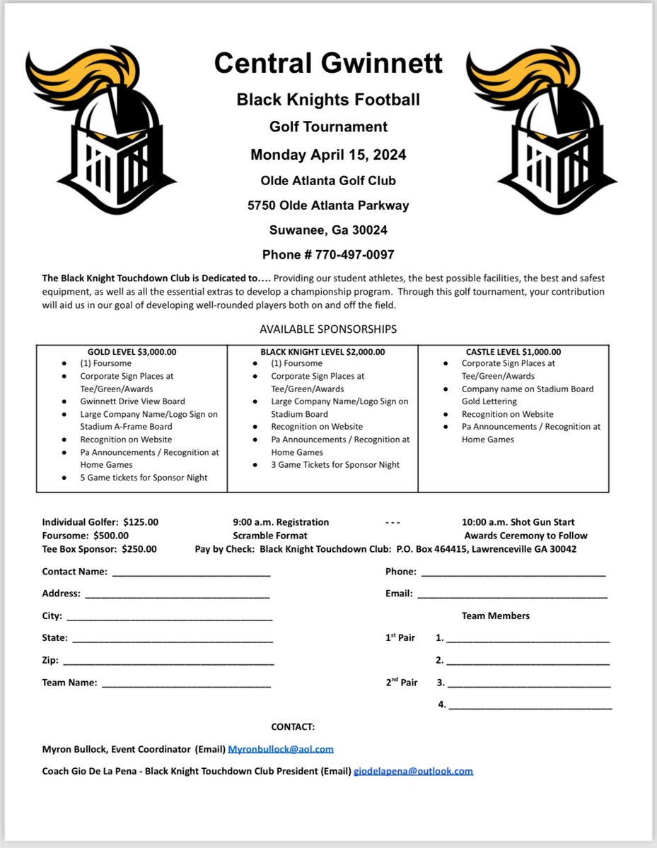 Sign up to play or purchase a sponsorship! Contact Myron Bullock or Gio DeLaPena for more information! #GolfTournament 🖤💛🏰
