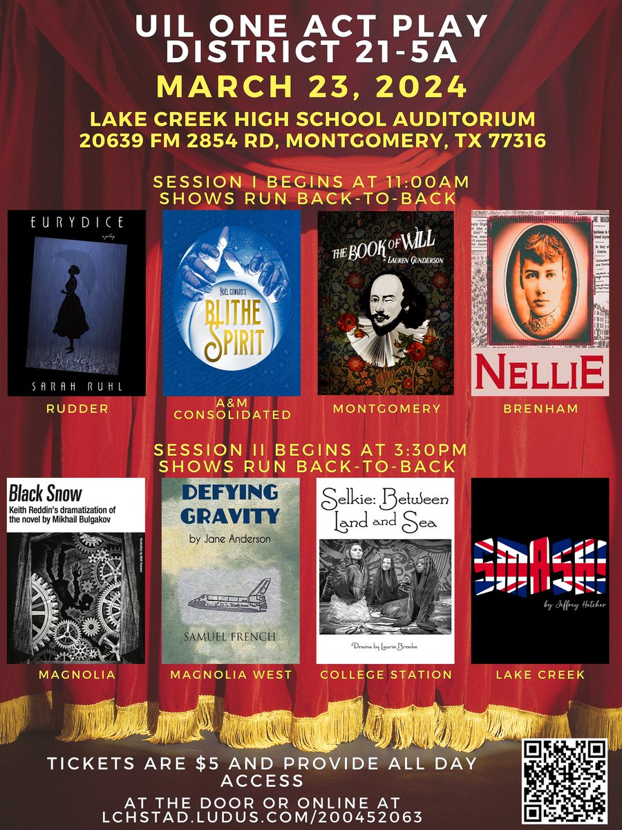 Lake Creek is honored to host the UIL One Act Play District 21-5A contest this Saturday! I’m thinking this OAP contest will be one for the ages! Please come out and support the amazing work from these 8 OAP companies! <a href="/lions_trw/">Tim Williams</a> <a href="/KellyLout/">KLout</a> <a href="/LakeCreekHS/">Lake Creek High School</a> <a href="/LClionsPTO/">Lake Creek high school PTO</a> <a href="/MontgomeryISD/">Montgomery ISD</a>