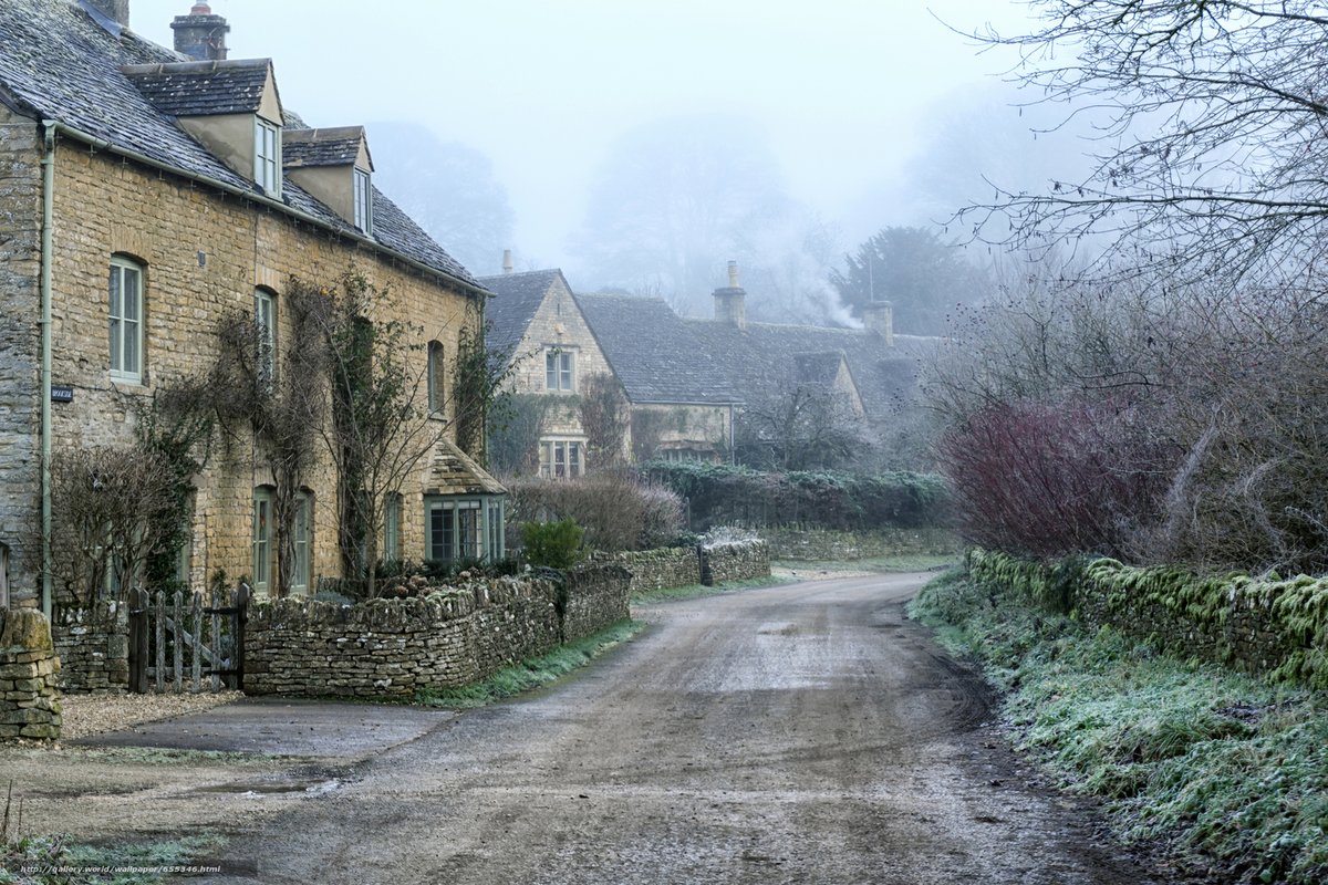 Frosty morning along Cotswold village lane. The Cotswolds, England. NMP.