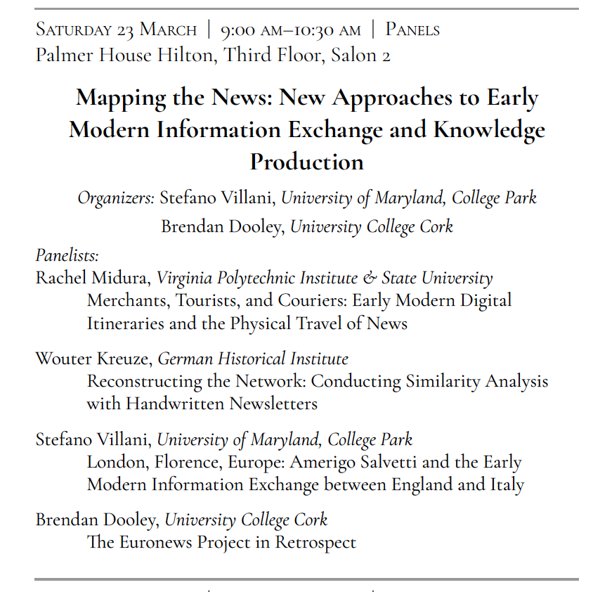 Join us Saturday morning at #RSA24  for a panel on early modern information exchange and knowledge production!
#RenTwitter #twitterstorians