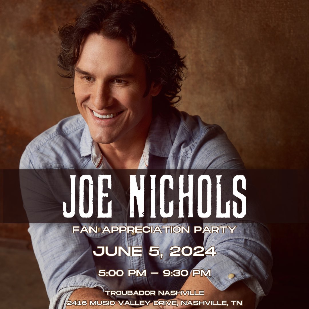 I’d love it if y’all would join me at @ttt_nashville on June 5th with our friends from @RoperWorld! This event is my way of showing my tremendous gratitude for you all! It usually sells out fairly fast, so reserve your tickets as soon as you can at JoeNichols.com!